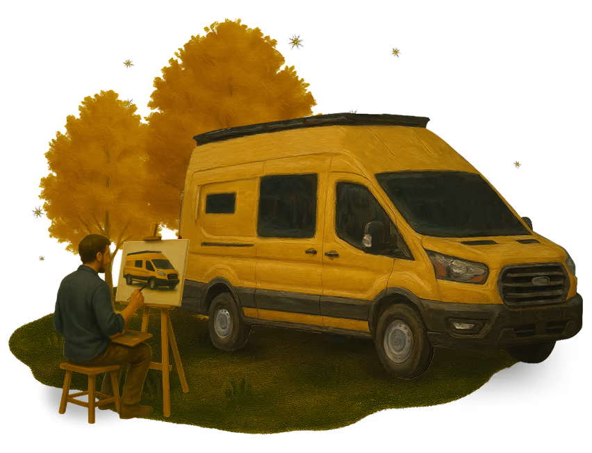 Illustration of a man painting their yellow campervan on a canvas at a campsite with yellow Aspen trees