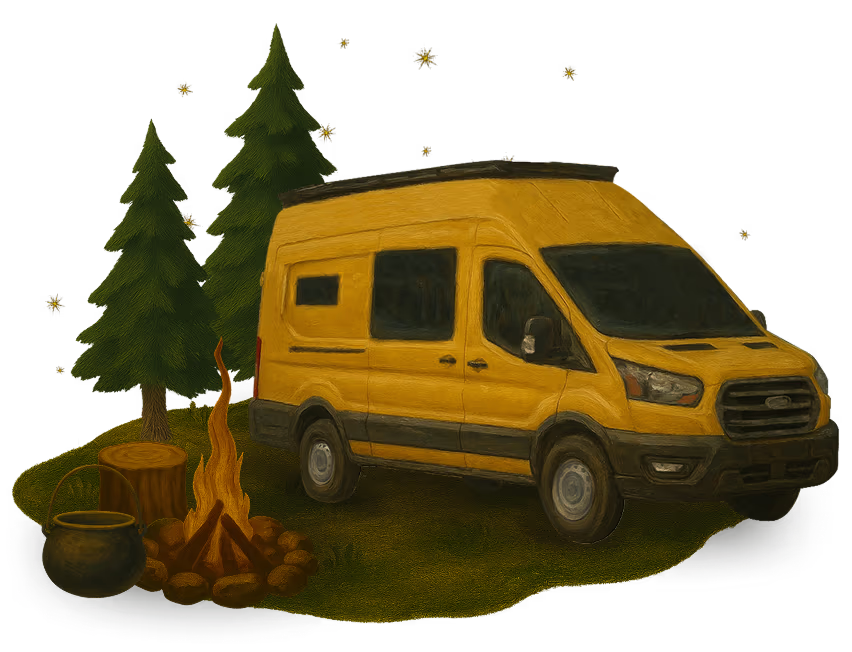 Illustration of a campfire next to a yellow campervan at a campsite with pine trees