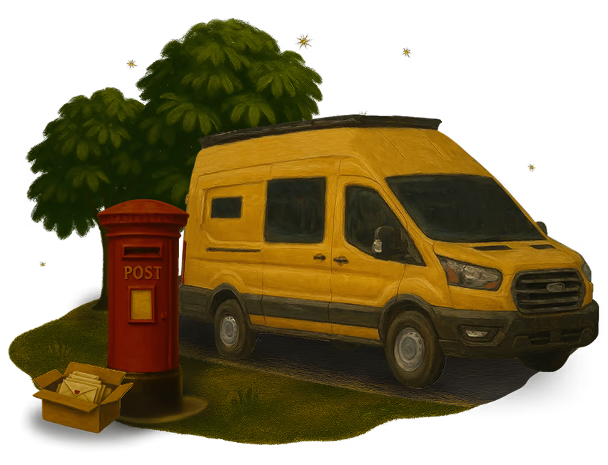 Illustration of a British red post box with a box of letters next to a yellow campervan